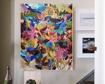 48"x55" inches original underwater plants painting, colorful floral artwork on canvas, botanical abstract art by sophie vanderfeld