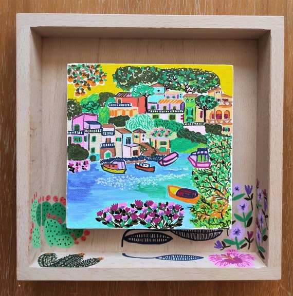 8x8 Inch Original Painting on a Painting Board Installed in a Wooden Frame,  Mallorca Artwork 3D, Colorful Painting by Sophie Vanderfeld 