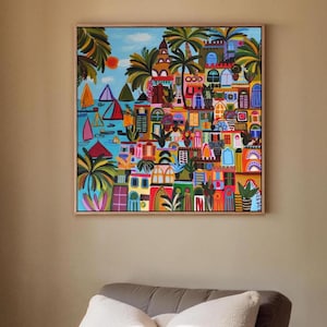 Pintura de paisaje original sobre lienzo, obra de arte acrílico azul y colorido, pintada a mano por Sophie Vanderfeld