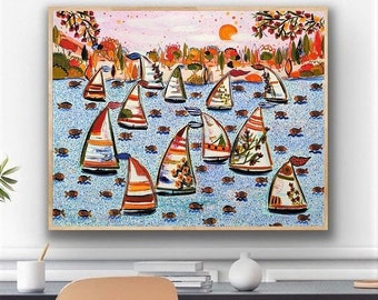 36"x42" inches original landscape painting, botanical artwork on canvas, sailing ships painting by sophie vanderfeld