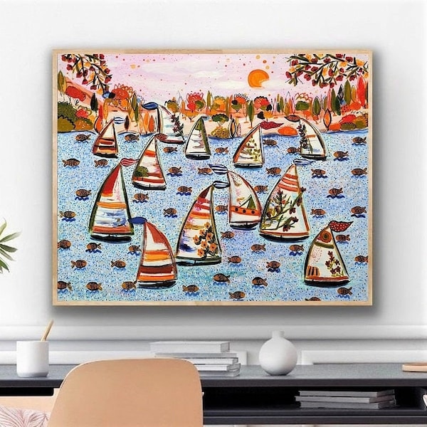 36"x42" inches original landscape painting, botanical artwork on canvas, sailing ships painting by sophie vanderfeld