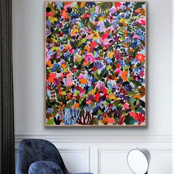 40"x50" inches large flower painting on canvas, floral original artwork, botanic acrylic painting by sophie vanderfeld