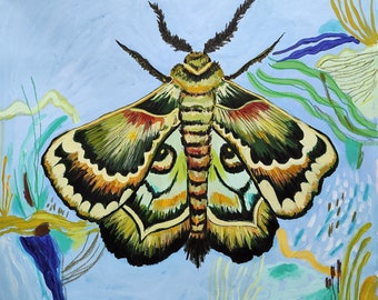 40"x40" inches original moth painting on canvas, handmade acrylic artwork by sophie vanderfeld
