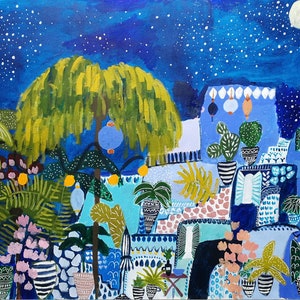 Mallorca by night abstract painting, colorful original artwork, modern painting on canvas, floral abstract art by Sophie Vanderfeld