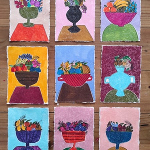 Set of 9 original paintings on handmade paper, watercolor artworks fruit bowls, mini paintings not framed by sophie vanderfeld