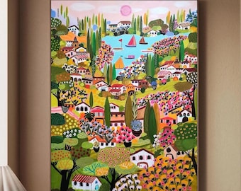 handpainted Italy painting on canvas, warm yellow and green artwork, original acrylic painting by Sophie Vanderfeld