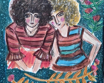 10"x13" inches original watercolor painting on paper, 70s peace women, night artwork by sophie vanderfeld