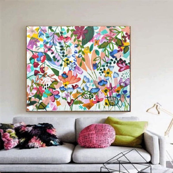 Peinture de fleurs, peinture colorée sur toile belle peinture acrylique, art abstrait floral par Sophie Vanderfeld