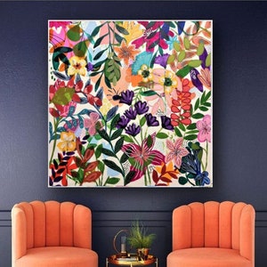 floral abstract painting, colorful original artwork, botanic painting on canvas, large abstract art, by Sophie Vanderfeld