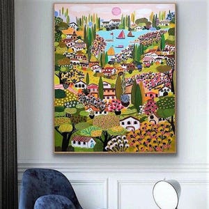 Pintura italiana pintada a mano sobre lienzo, obra de arte en amarillo cálido y verde, pintura acrílica original de Sophie Vanderfeld