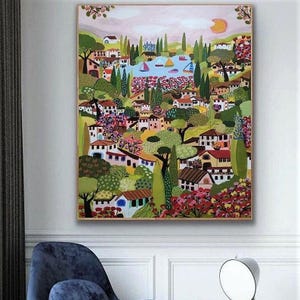 Gran obra de arte original toscana pintada a mano, pintura de paisaje botánico sobre lienzo, obra de arte floral colorida de Sophie Vanderfeld