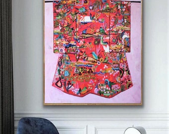 42"x50" inches original kimono painting, large acrylic art on canvas, red painting by sophie vanderfeld