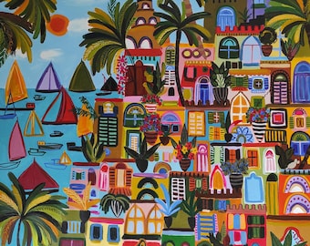 Oryginalny obraz na płótnie o wymiarach 36"x36" cali, kolorowa grafika krajobrazowa, abstrakcyjny obraz, duże dzieło sztuki akrylowej autorstwa Sophie Vanderfeld