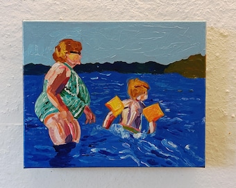 Original beach painting on stretched canvas, grandmother with grandson wall art, hand-painted with acrylic colors by Sophie Vanderfeld