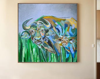 40"x40" inches hand-painted Buffalo painting on canvas, original artwork with acrylic colors by Sophie Vanderfeld