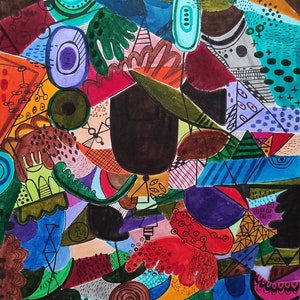 Opera d'arte originale geometrica da 10"x13" pollici, dipinto colorato su carta, opera d'arte moderna ad acquerello di Sophie Vanderfeld