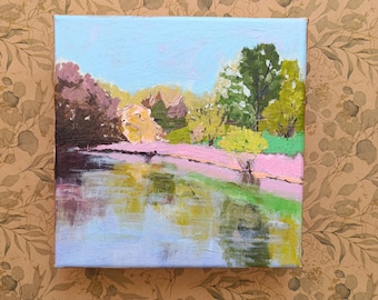 Landschap van 20 x 20 cm met meer, origineel schilderij op gespannen canvas, handgeschilderd met acrylverf door Sophie Vanderfeld.