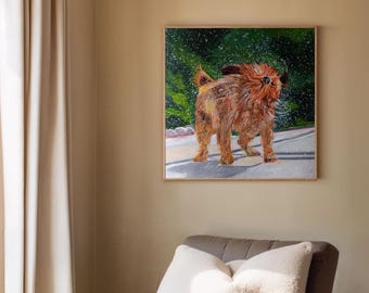 Cuadro original de 76 x 76 cm (30" x 30") de un perro peludo sobre lienzo, creado con pinturas acrílicas, obra pintada a mano por Sophie Vanderfeld.