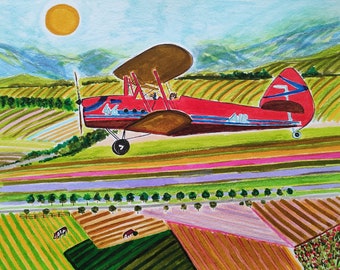 10"x13" inches original airplane painting on paper, watercolor landscape artwork by Sophie Vanderfeld