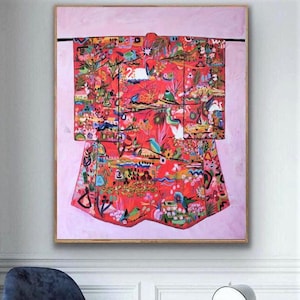 Pintura original de quimono pintada à mão de 42" x 50" polegadas, grande arte acrílica sobre tela, pintura vermelha de Sophie Vanderfeld