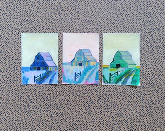 Original barn painting set on paper, acrylic landscape artwork hand-painted by Sophie Vanderfeld
