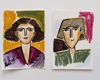 set of 2 small original portrait paintings, colorful artworks on artist paper, postcard paintings by sophie vanderfeld