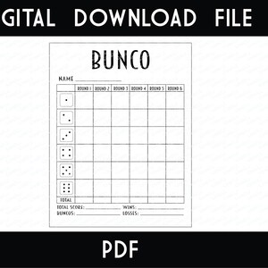 Bunco Score Card Printable - Instant Download - PDF