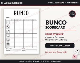 Bunco Score Card Printable - Instant Download - PDF
