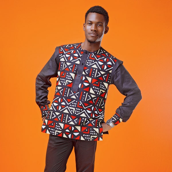 Chemise en lin noir et tissu africain