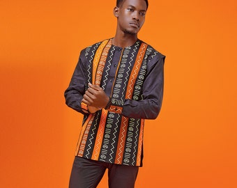 Black linen and african fabric shirt