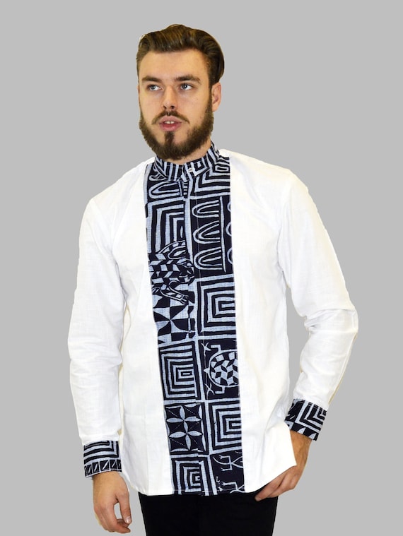 Chemise en lin noir et tissu africain Etsy France