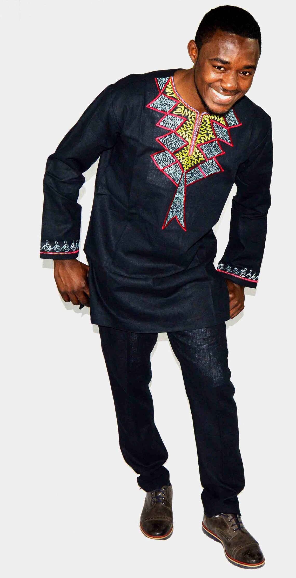 Beautiful Set Embroidered Linen Tunic and Pants in Black Etsy