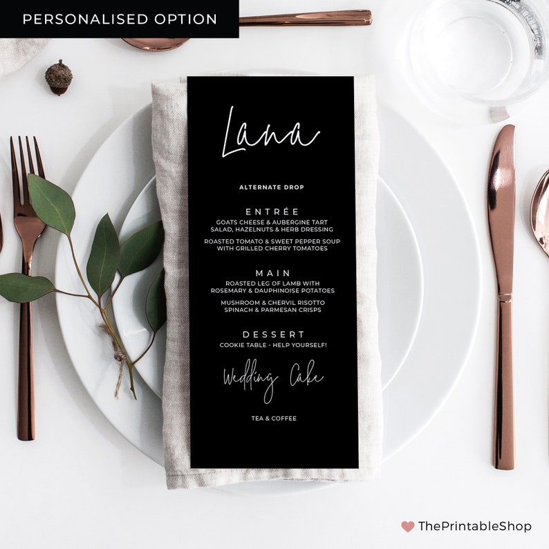 Personalised Wedding Menu Minimalist Wedding Decor Black Wedding Menu Cards Printed Wedding Menu White Ink Printing