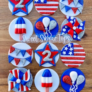 4th of July Independence Day birthday red white and blue flag edible fondant cupcake cake treat toppers party decor favors