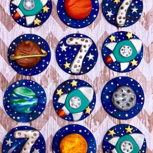 Outer space astronaut planets moon stars rocket ship edible fondant cake cupcake treat cookie toppers birthday party decor