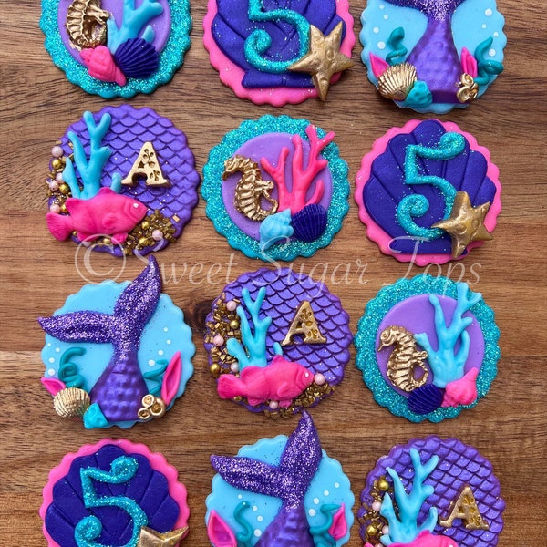 Mermaid Cupcake Toppers, Fondant Cupcake Toppers, Under the Sea Fondant, Fondant Sea Shell Cupcake Toppers, mermaid party Decor, treats