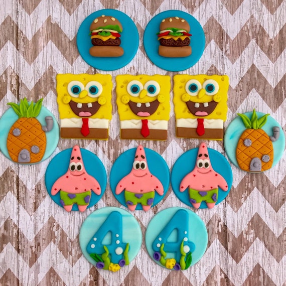 12 Edible Fondant Spongebob Squarepants Theme Cupcake Toppers Etsy