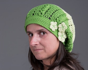 Crochet Pattern for Color-Block Slouchy Beanie Hat with Flowers