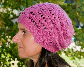 Crochet Pattern for Wavy Eyelets Slouchy and Beanie Hats