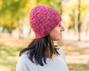 Knitting Pattern for Textured Hat with Basketweave and Cables