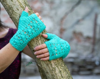 Crochet Pattern for Textured Lacy Fingerless Mittens, Aquabloom Mitts