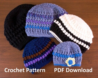 Crochet Pattern for Unisex Mens Womens Textured Beanie Hat, sizes newborn to adult