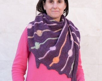 Crochet Pattern for Asymmetrical Triangular Shawl with Contrasting Circles and Stripes