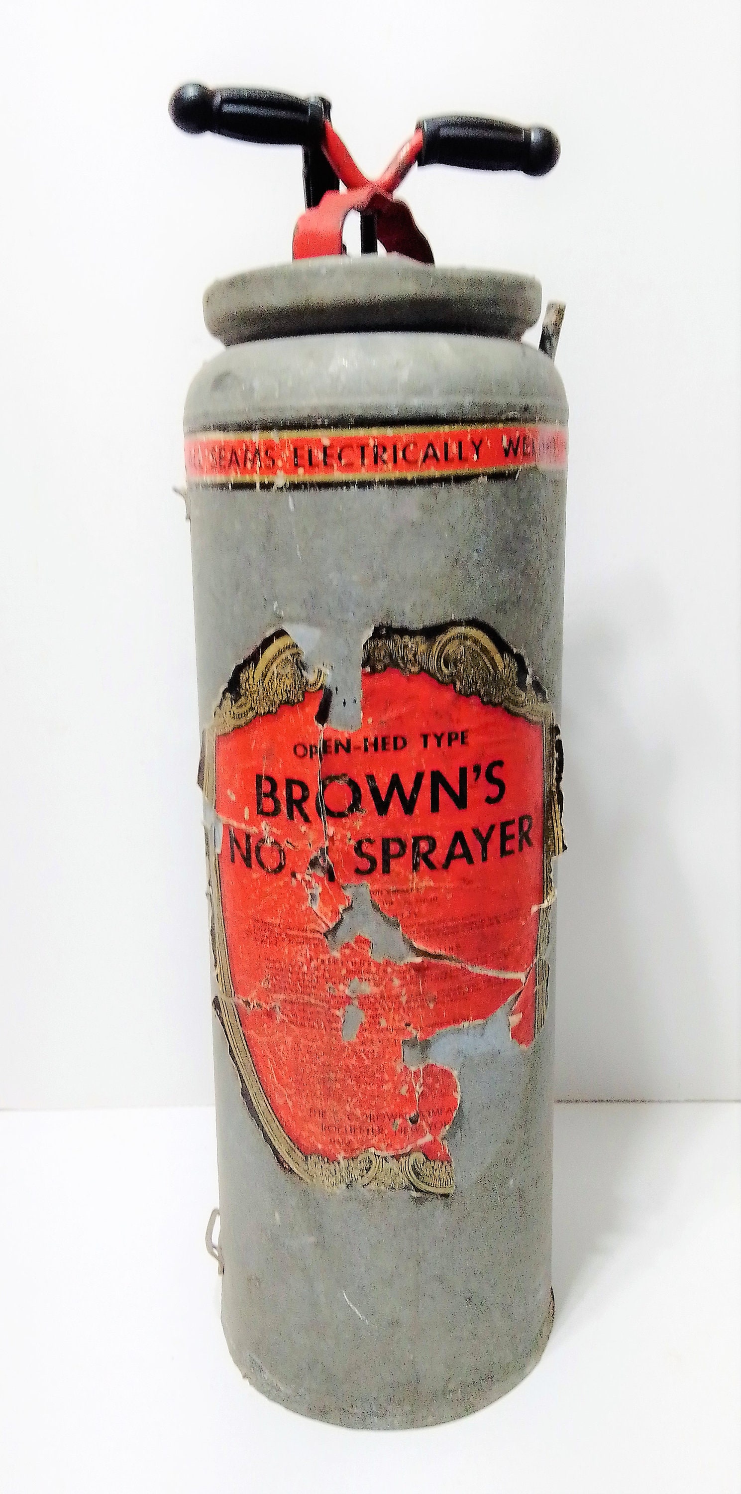 Antique JIM BROWNS Galvanized Steel Metal Sprayer Fireman Fire