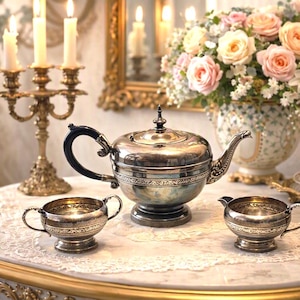 May include: A silver tea set consisting of a teapot with a dark handle, a sugar bowl, and a creamer. Each piece features a polished metallic finish with intricate engraved detailing along the midsection and a sturdy pedestal base design.