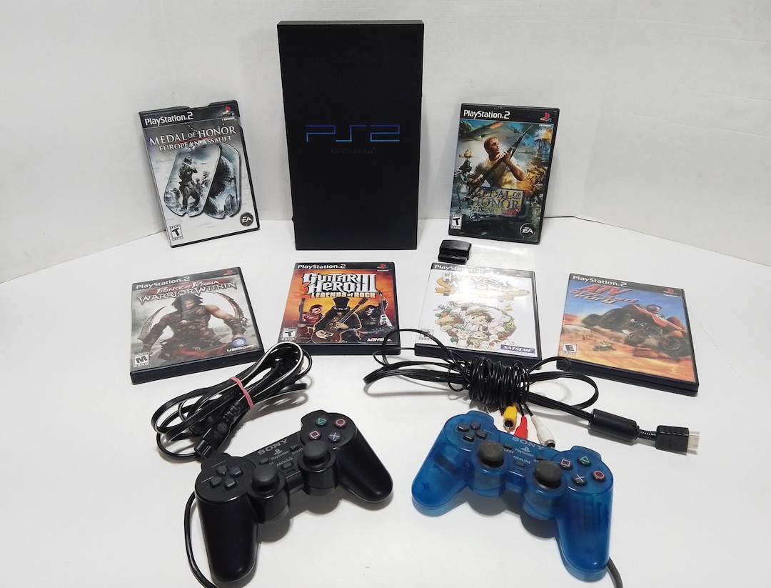 Vintage 2000 PS2 Sony Playstation2 With Wires, 6 Games, Guitar Hero