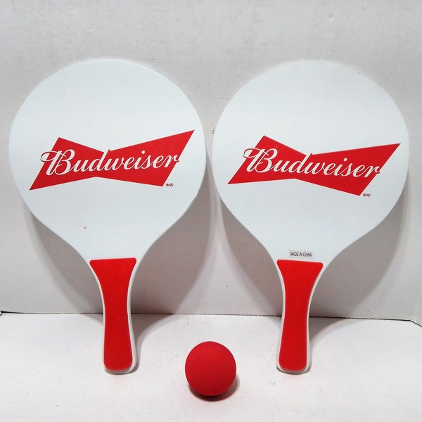 Budweiser Ping Pong - Tennis Beach Paddles Set wooden Rackets & Ball Promotional item Rare