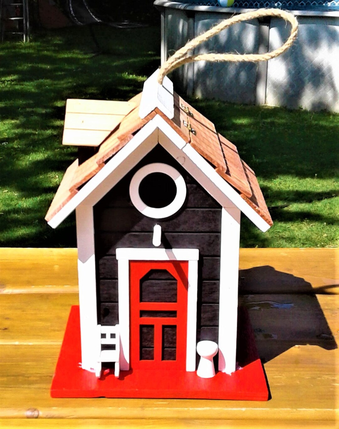 Wonderful Blue Red White Cottage Bird House - Birdhouse 11 Inches High ...