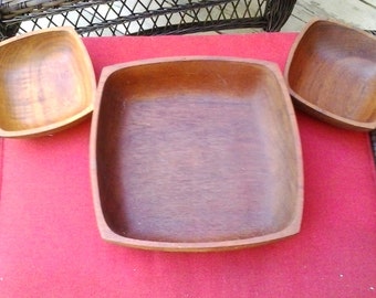 Vintage Genuine Teak wood Large Salad Bowl set 3 Square serving wooden dishes