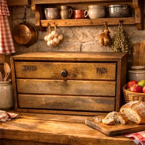 May include: A rectangular wooden bread box with three horizontal drawers, featuring the black text CERVES and PAIN on the top drawer. The box has a dark wood finish and a single round knob centered on the top drawer, positioned on a wooden surface.